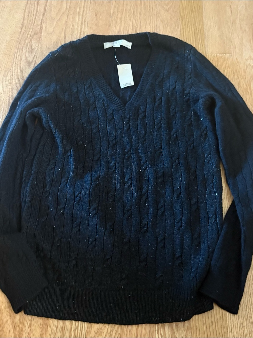 LOFT Women's Cable-Knit V-Neck Sweater NEW Small Petite Sequin Glitter